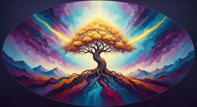 Vibrant tree of life radiates cosmic energy amidst mystical mountainous landscape