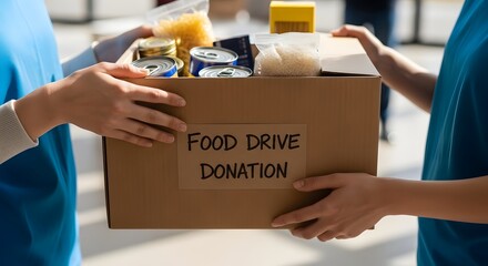 Food drive donation box being passed between volunteers for community outreach program help