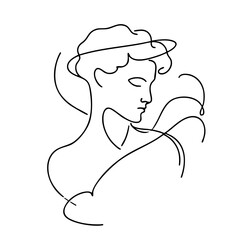 Single line drawing in modern minimalist style of Cupid angel with bow on white background with copy space