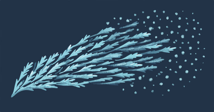 Vettore stilizzato di ghiaccio o neve che si disperde in particelle su sfondo blu scuro.