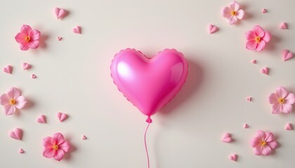 Heart-Shaped Pink Balloon Surrounded by Pink Flowers and Heart Petals on a Light Background