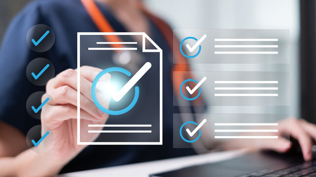 Professional medical health care worker doctor physician working in assessment checklist medicine patient review diagnosis and treatment analysis information in hospital