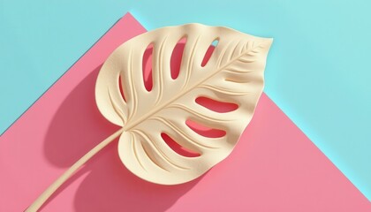 Elegant Beige Monstera Leaf on Colorful Background of Pink and Blue for Modern Design and Decor Inspiration