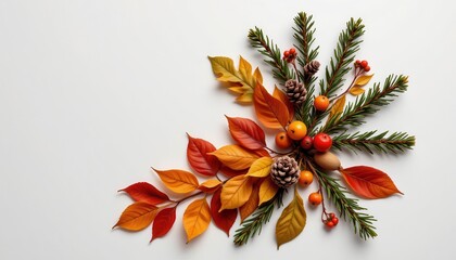 Vibrant Autumn Foliage Arrangement Featuring Colorful Leaves, Pine Cones, Berries, and Evergreens on White Background