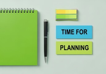 Time for planning concept with notebook pen and sticky notes on table