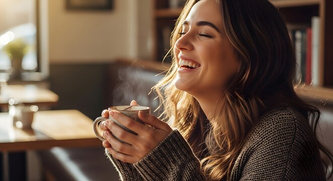 Happy woman enjoying coffee break in cafe smiling with warm drink lifestyle photography