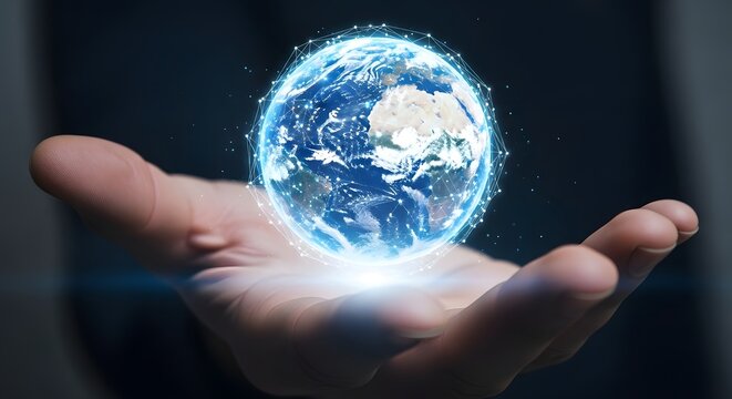 Global technology network earth in hand concept for business and innovation solutions