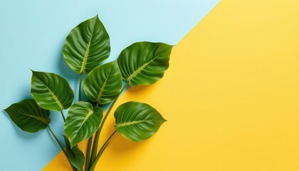 Vibrant Green Leaves on a Split Color Background of Soft Blue and Bright Yellow for Fresh Decor or Design Projects