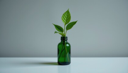 Green plant sprouting from a glass bottle on a clean white surface with a soft gray background