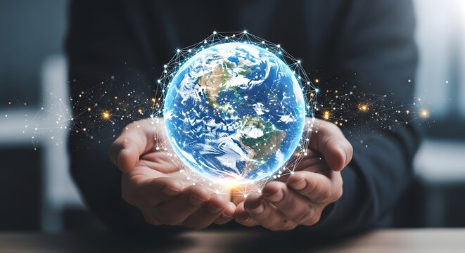 Globalization technology connection business concept earth in hands digital network