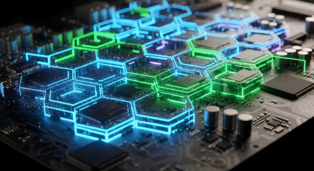 Electrifying motherboard design showcasing cutting-edge technology and vibrant neon color accents, perfect for tech blogs and futuristic marketing campaigns