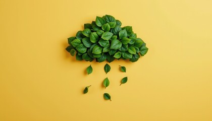 Green Leaves Cloud with Raindrops on Bright Yellow Background Capturing Nature's Beauty and Fresh Aesthetic