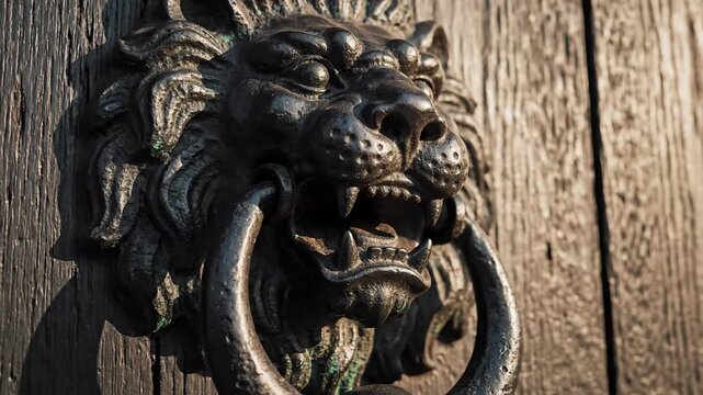 Close-up of an Antique Lion Head Door Knocker on a Weathered Wooden Door