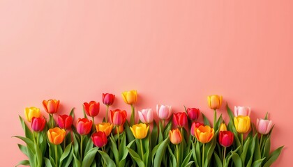 Vibrant and Colorful Tulip Flowers Displayed Against a Soft Peach Background for Spring and Floral Themes