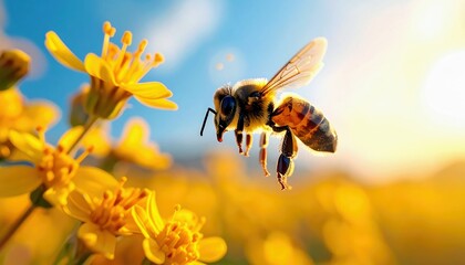 A bee hovers in the air near delicate yellow flowers, with the sun casting a warm glow on the scene.
