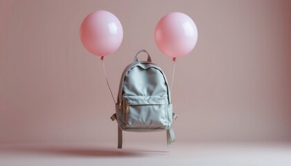 Light Grey Backpack with Pink Balloons Floating Against a Soft Neutral Background