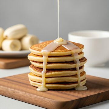 a stack of freshly made Lempeng Pisang (banana pancakes) on a wooden board, with a drizzle of condensed milk or honey running down the side