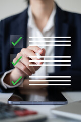 Professional businessman signing contract agreements with client report checklist assurance certificate document management check form list checkbox choice questionnaire marketing answer guarantee