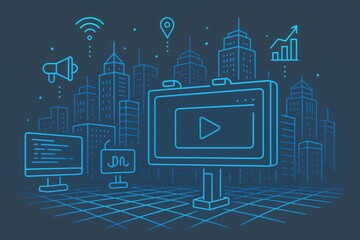 Futuristic urban landscape showcasing digital technology with interactive screens and data visualizations epitomizing the future of advertising and smart city environments