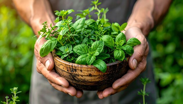 Freshly Harvested Herbs in Wooden Bowl Held by Gardener. - Powered by Adobe