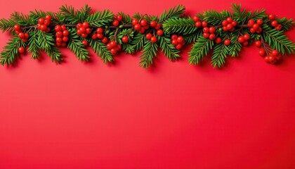 Festive Decoration of Evergreen Branches with Red Berries on Bright Red Background for Holiday Celebrations