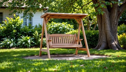 Wooden Swing Bench in Tranquil Garden Setting Surrounded by Lush Greenery and Serene Landscape
