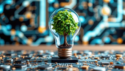 Sustainable Innovation Concept with Green Tree Inside Light Bulb on Circuit Board Background