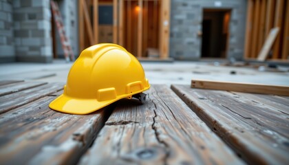 Yellow Safety Helmet on Wooden Floor in Construction Site with Framed Walls and Tools in Background