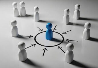Leadership focus group concept with blue figure surrounded by white team