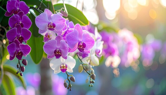 A cluster of vibrant purple and white orchids are in full bloom, with soft, blurred lights in the background. - Powered by Adobe