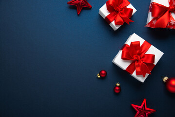 Merry Christmas and Happy Holidays greeting card, frame, banner. New Year. Red and white Christmas...