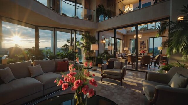 Luxury Home Interior Modern Living Room, Open Floor Plan, Sunset