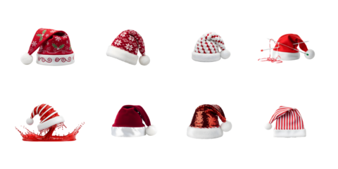 Collection of santa hats isolated on transparent background for the christmas time and the advent season and new year