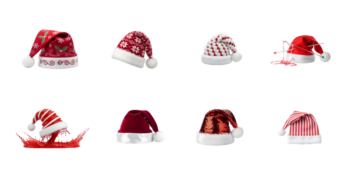 Collection of santa hats isolated on transparent background for the christmas time and the advent season and new year