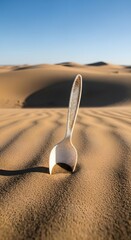 A solitary spoon partially buried in the sand of a vast desert landscape under a clear blue sky during daytime