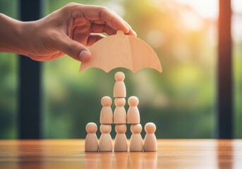 Insurance family protection concept with umbrella and wooden figurines