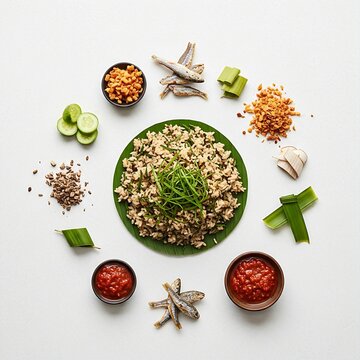  Nasi Ulam, a wild herb rice salad. The composition highlights the finely chopped herbs mixed with the rice, accompanied by small portions of salted fish, toasted coconut, and a side of sambal, scatte