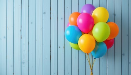Colorful balloons in vibrant colors against a rustic blue wooden backdrop for festive celebration and joy