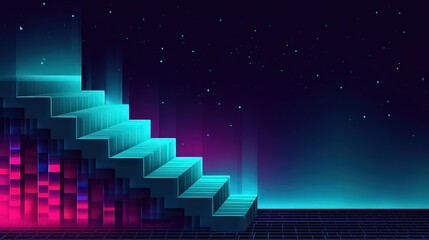 Abstract Pixel Art Staircase with Gradient Lighting in Blue Purple and Teal Against a Dark Starry Background Futuristic Digital Art