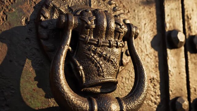 Close-up of an old and weathered door with detailed ornate metal knocker and bolts in sunlight
