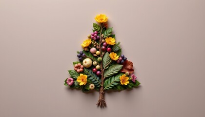 Floral Arrangement Shaped Like Christmas Tree with Colorful Blooms and Fruits on Neutral Background