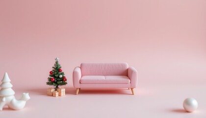 Cozy Pink Living Room Scene with Christmas Tree, Gifts, and Minimalist Decor for Holiday Celebrations