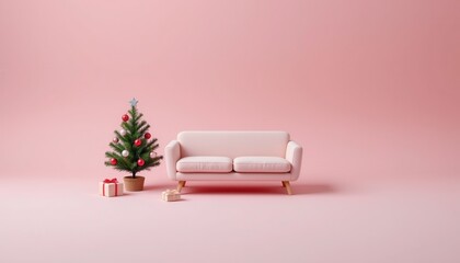 Cozy Christmas Scene with a Pink Background Featuring a Tree, Sofa, and Decorative Gifts for the Holiday Season