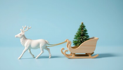 White Reindeer Pulls a Sleigh with a Small Green Tree Set in a Soft Blue Background for Holiday-themed Decor and Crafts