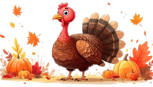 Thanksgiving turkey cartoon with pumpkins and autumn leaves.