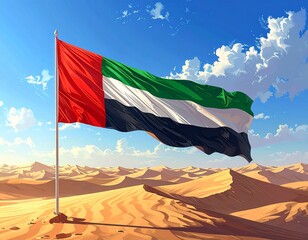 Generated image. UAE flag in the desert with blue sky background