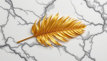 Golden Leaf Decoration on White Marble Texture Background with Gray Veins for Elegant Interior Design