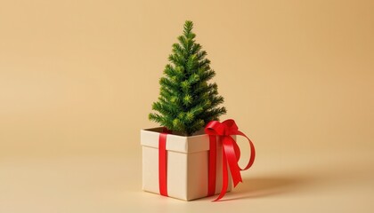 Miniature Christmas Tree in Decorative Gift Box with Red Ribbon on a Neutral Background