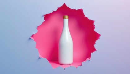 White Bottle Emerging from Torn Paper in a Stylish Pink and Blue Background for Modern Branding Projects
