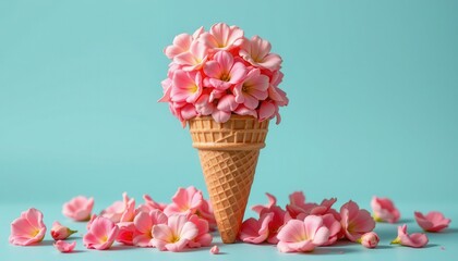 Decorative Ice Cream Cone Filled with Pink Flowers Surrounded by Petals on a Soft Blue Background